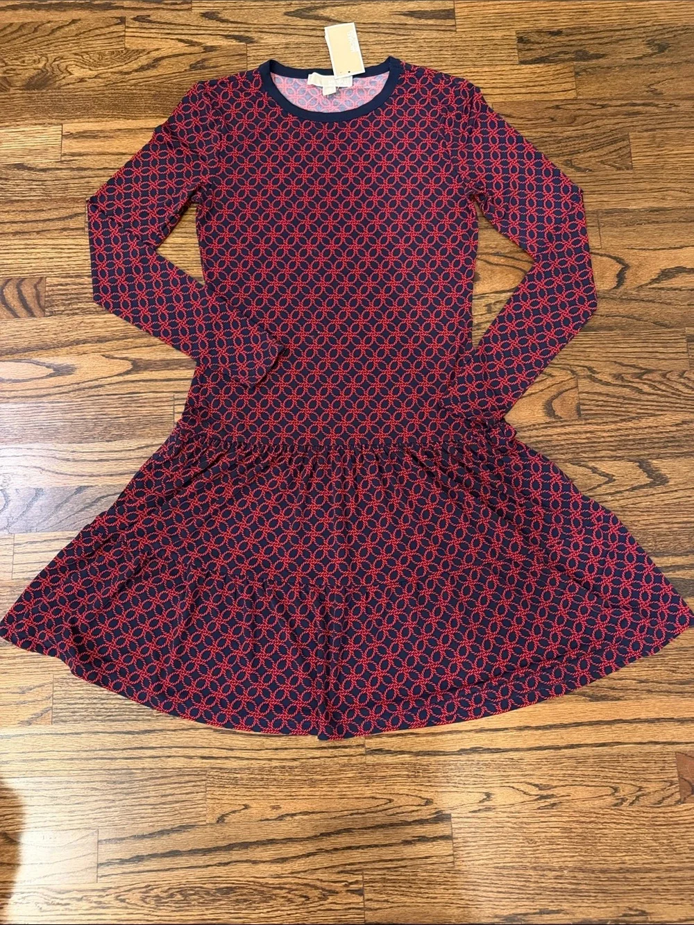 NWT Michael Kors Red & Navy Patterned Long-Sleeve Dress